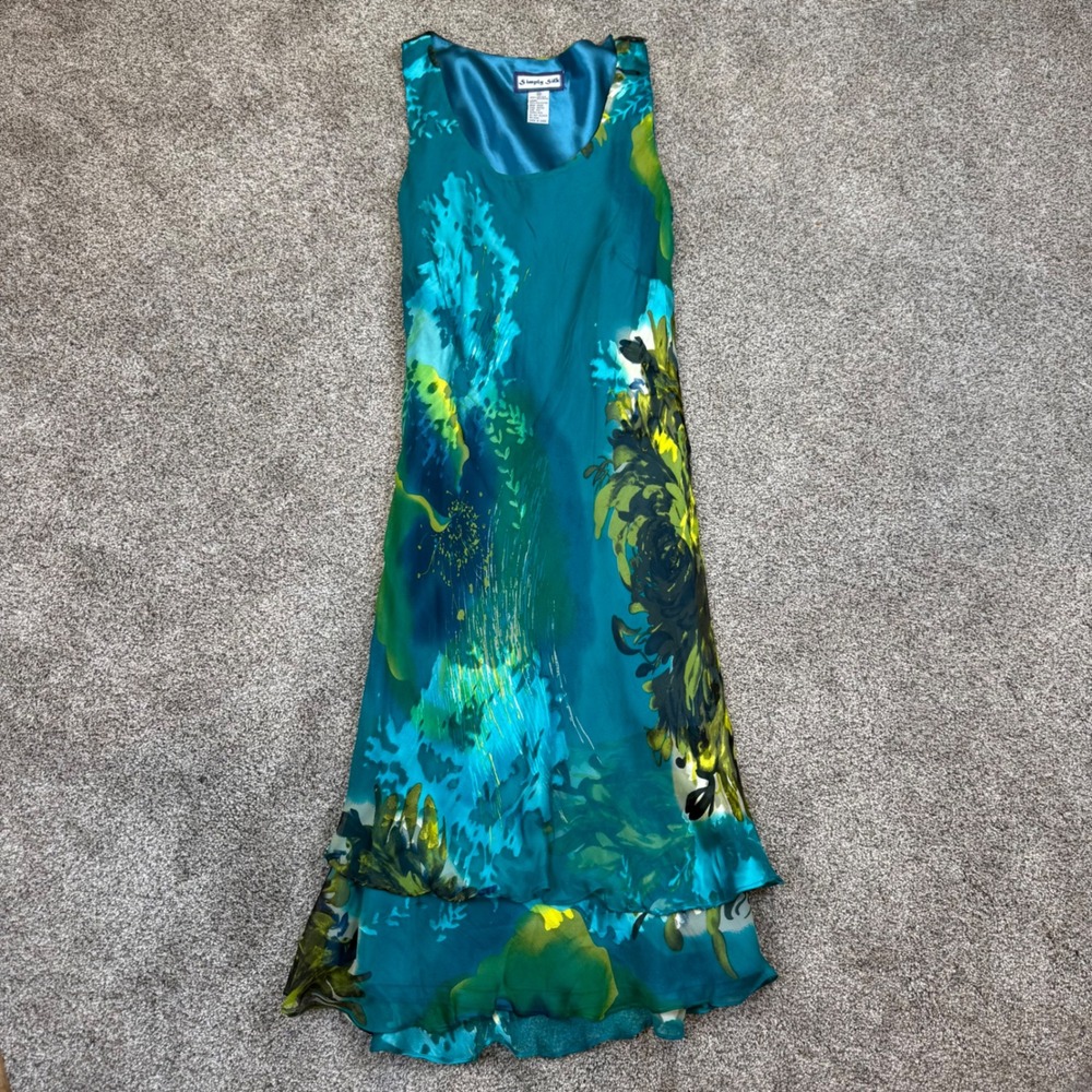 Simply Silk Teal Green Abstract Floral Silk Blend Ruffle Hem Maxi Dress Medium